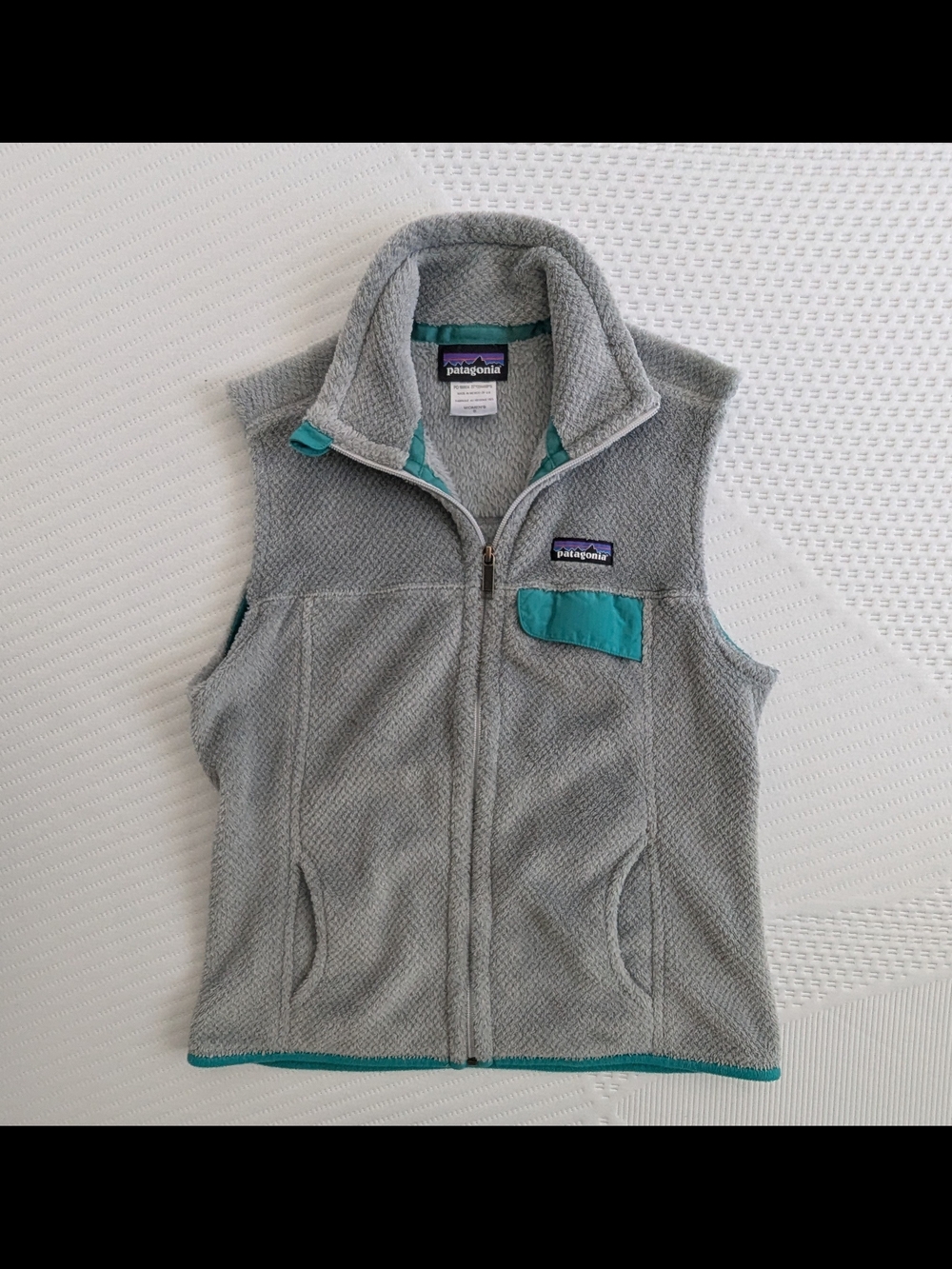 Patagonia Light Gray Fleece Vest with Teal Accents